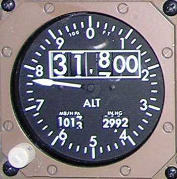 Airplane altimeter showing 31,800 feet.